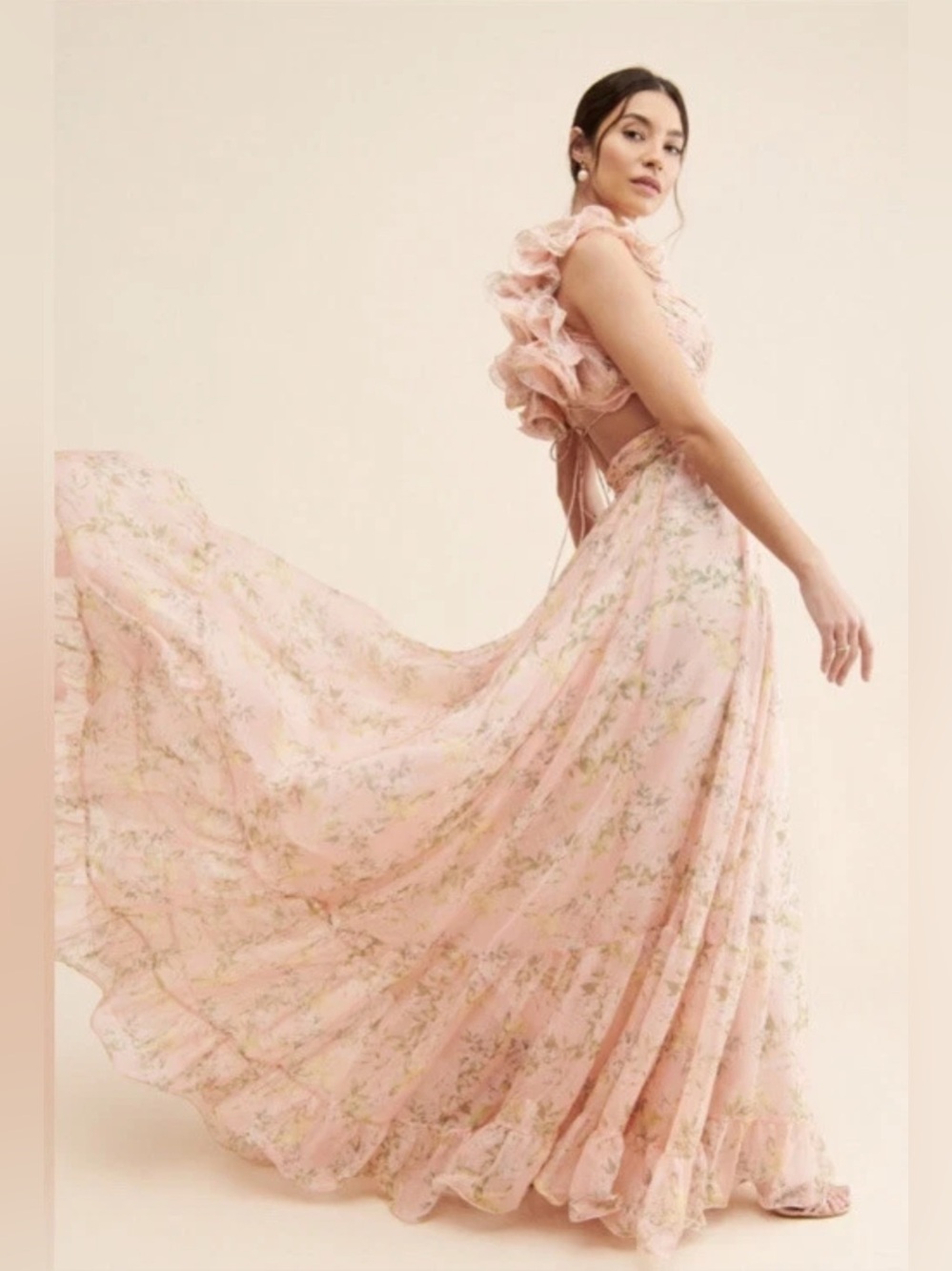 Mac Duggal Leena pink floral circle skirt maxi dress lace up back size 8